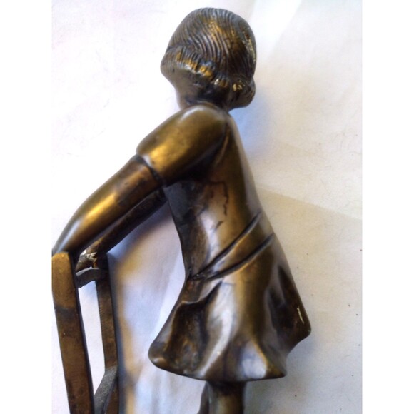 Set of Two (2) Doorstops 11" Girls Standing On Chair Bronze Statues - Picture 13 of 16